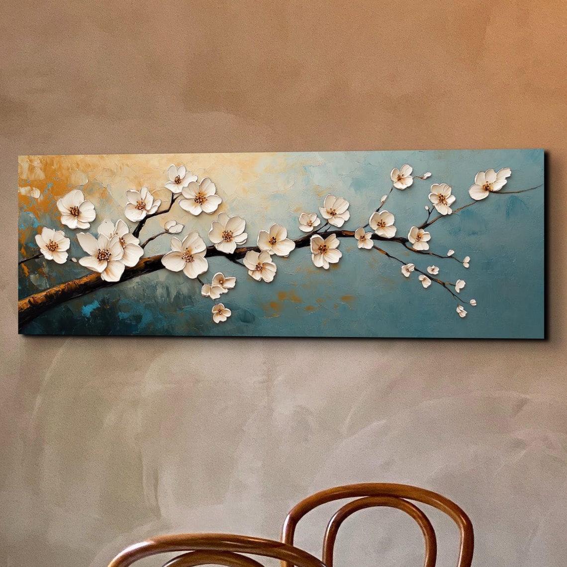 Golden Teal Cherry Blossom Branch Textured Panoramic Art Poster