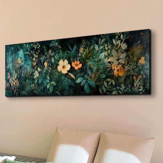 Wildflowers At Night Wildflowers Field Landscape Wall Art Panoramic Moody Wall Art Dark Floral Landscape Painting Above Bed Decor