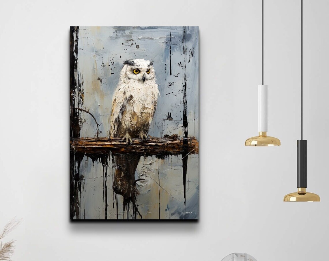 White Owl Perched On Branch Textured Oil Painting Style Poster