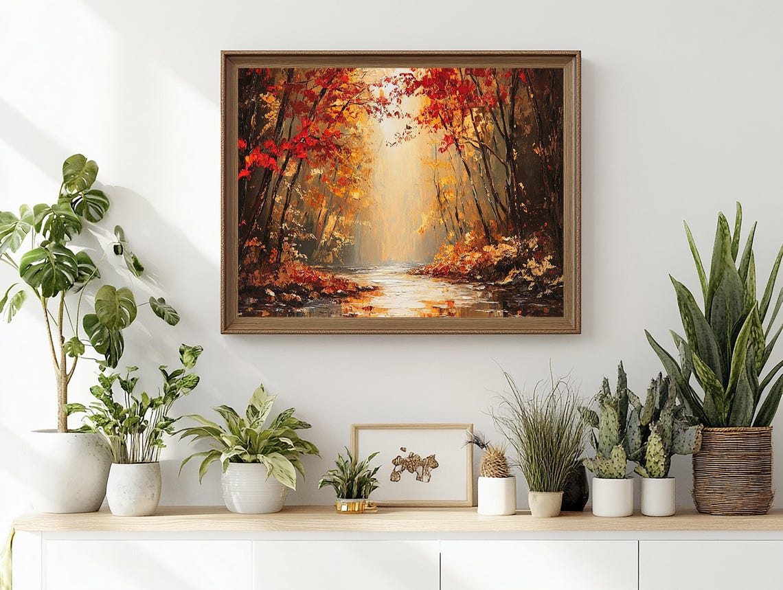 Autumn Stream Winding Through a Red Leaf Forest Landscape Poster
