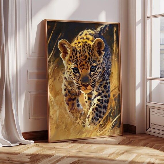 Leopard Cub Walking Through Golden Grass Wildlife Painting Poster