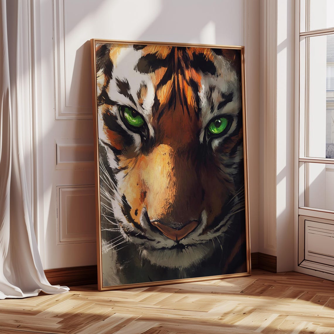 Tiger Face Close Up With Green Eyes Wildlife Oil Painting Poster - Image 3
