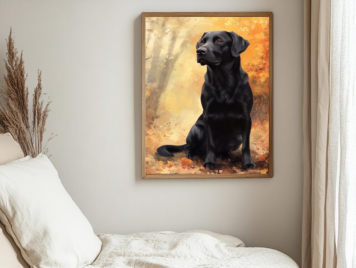 Black Labrador Sitting In Autumn Forest Golden Leaves Poster