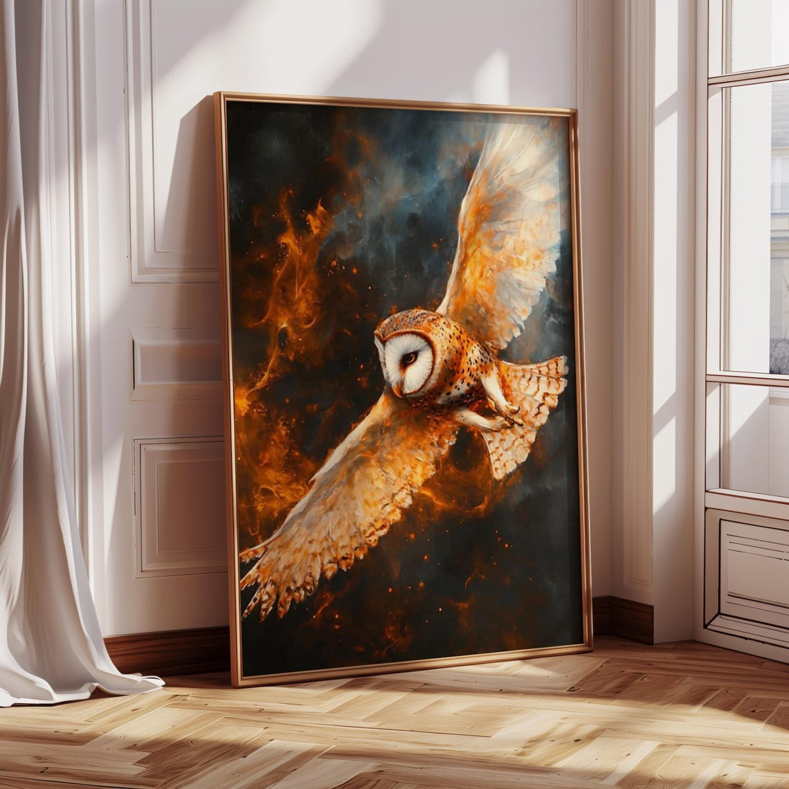 Dramatic Barn Owl In Flight Through Fiery Orange Blue Smoke Poster