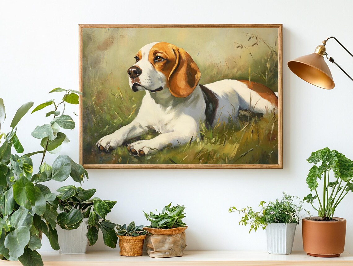Beagle Lying In Green Grass Countryside Oil Painting Dog Poster - Image 2