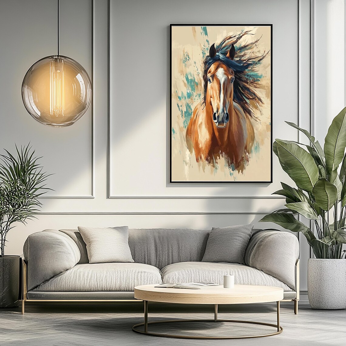 Chestnut Horse Portrait White Blaze Teal Brushstrokes Art Poster - Image 2