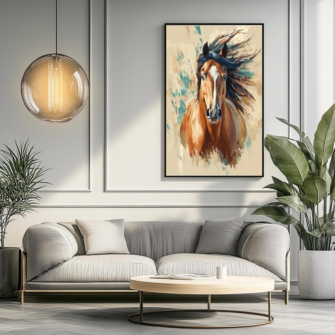 Horse Oil Painting Wall Art Print Animals Horse Lover Print At Home Wall Art Colourful Horse Portrait Drawing Neutral Tones - Image 2