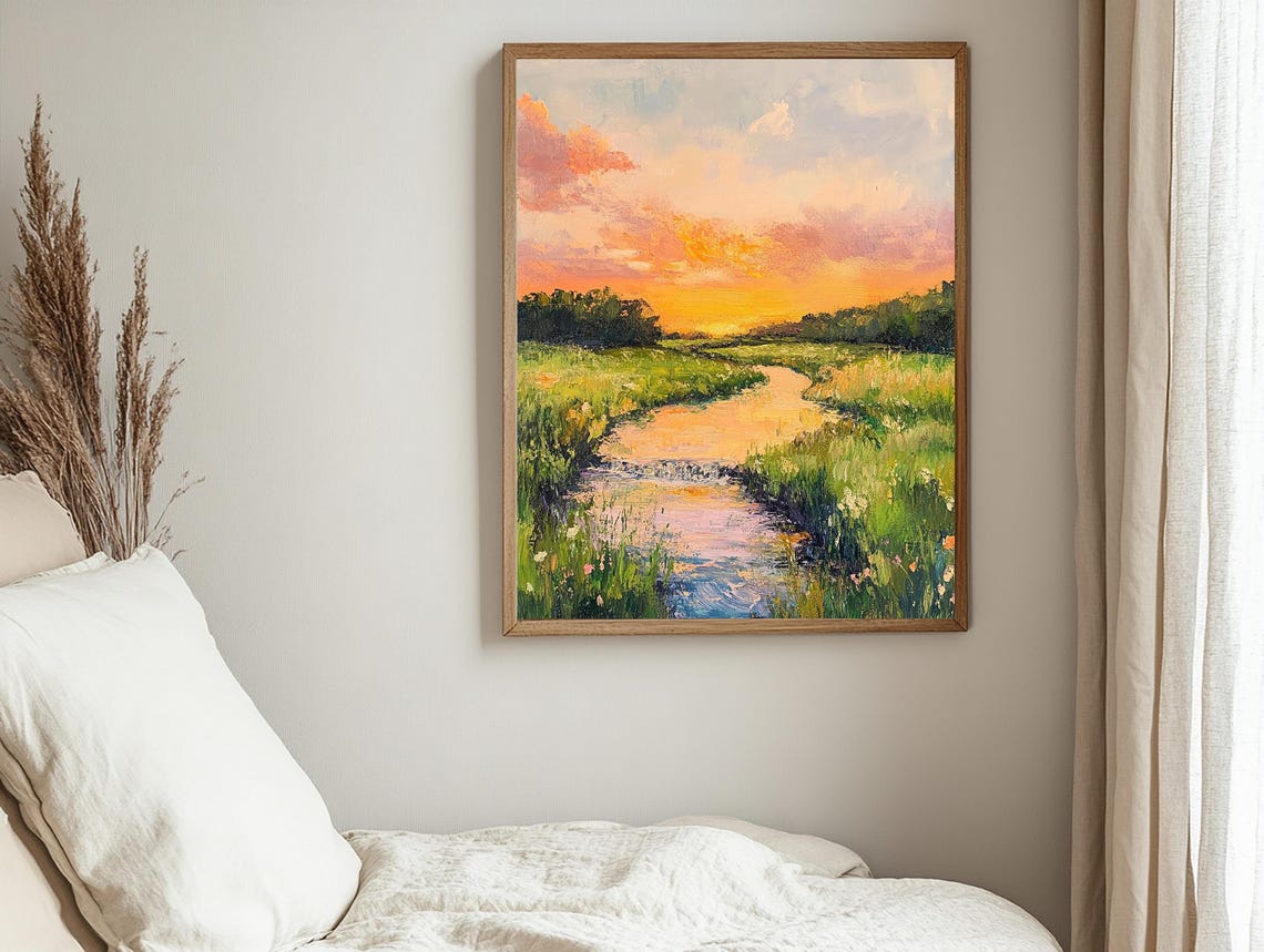 Summer River Landscape Wall Art Painting Nature Poster Oil Painting Landscape Drawing Home Decor Sunset - Image 2