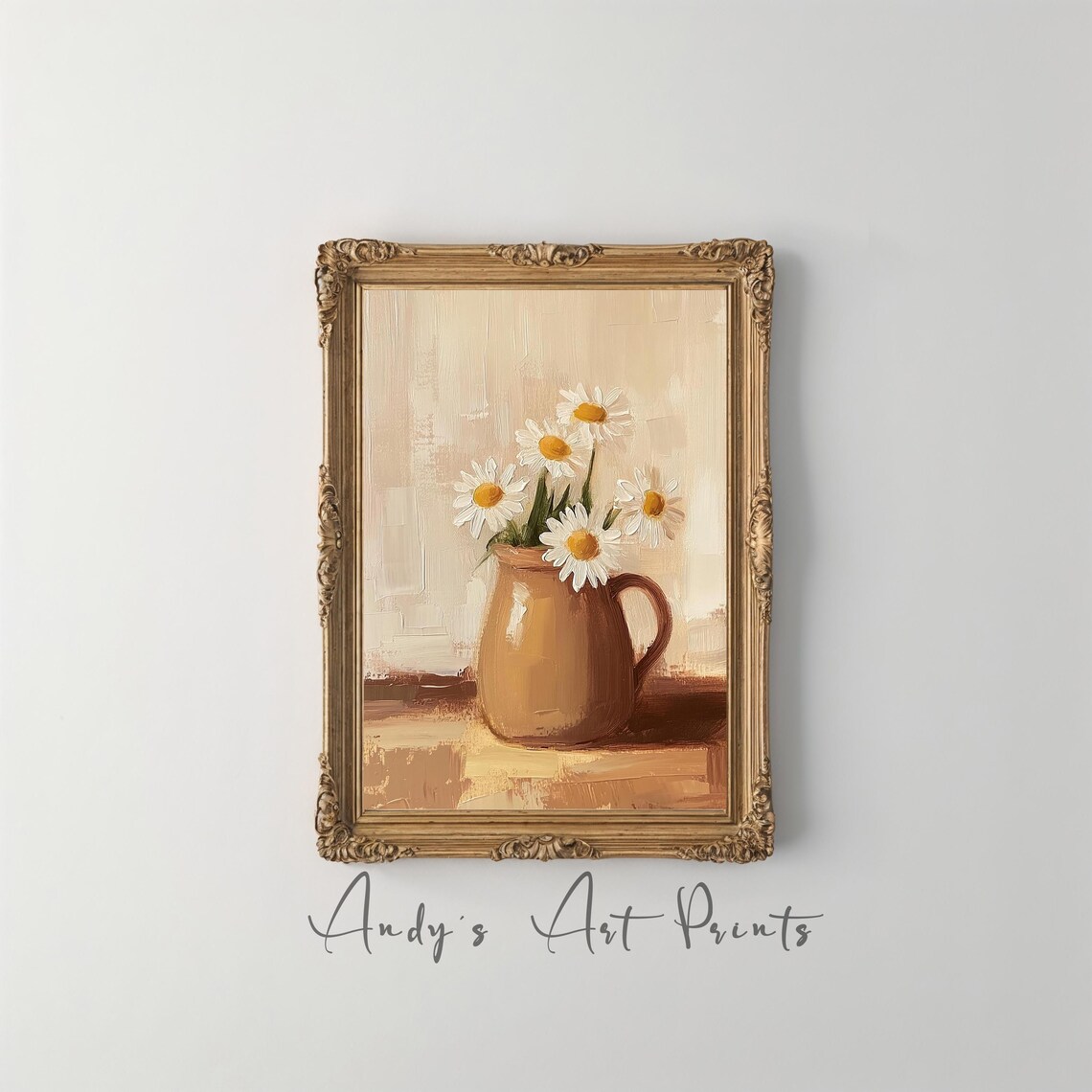 White Daisies in Brown Jug Warm Beige Floral Oil Painting Poster