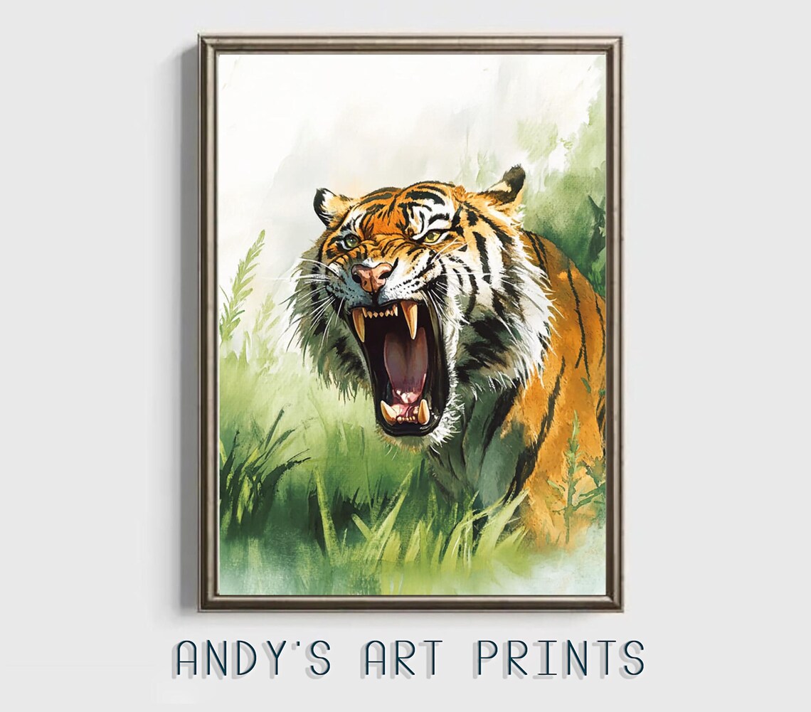 Roaring Tiger Watercolor Painting Green Jungle Grass Art Poster - Image 3
