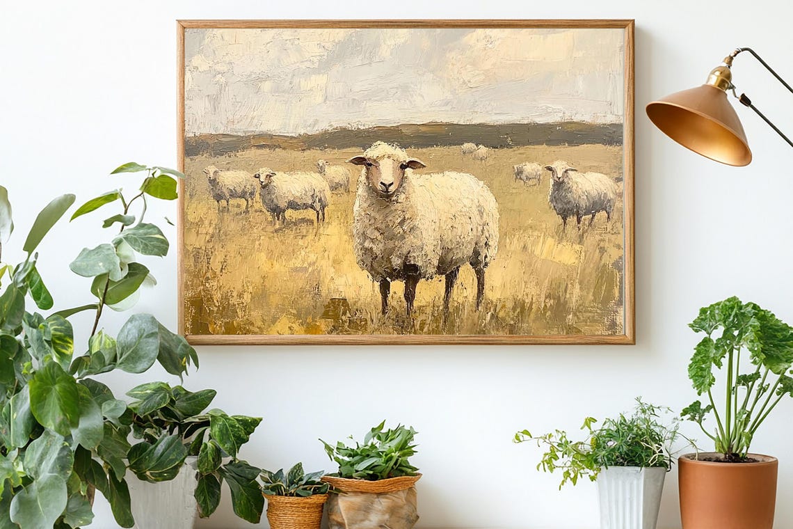 Friendly Sheep Flock Grazing Together In A Sunlit Golden Field Poster - Image 2