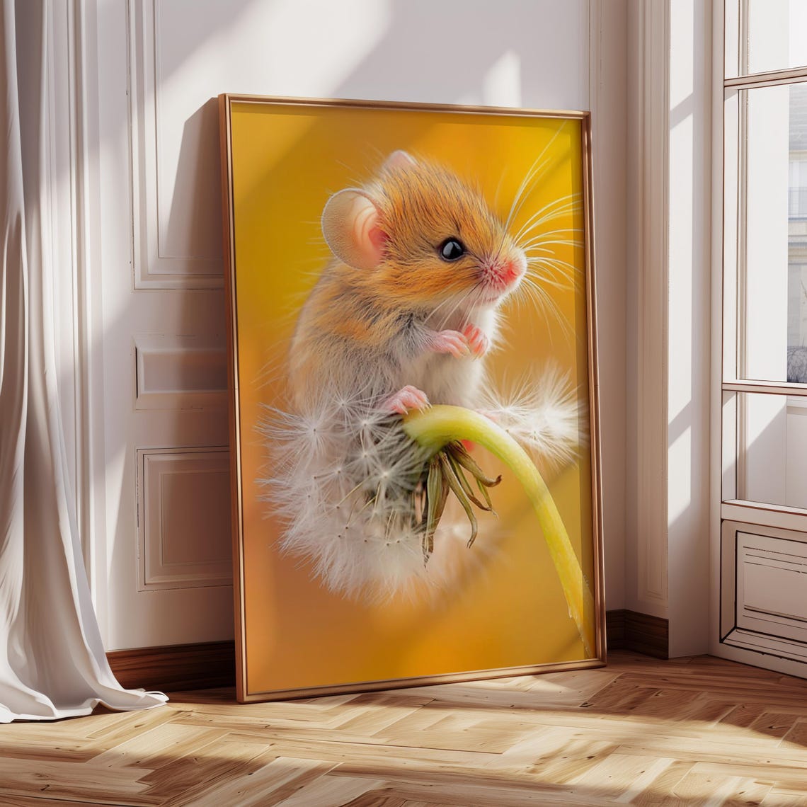 Tiny Orange Mouse Sitting On A Dandelion Against Bright Yellow Poster - Image 3