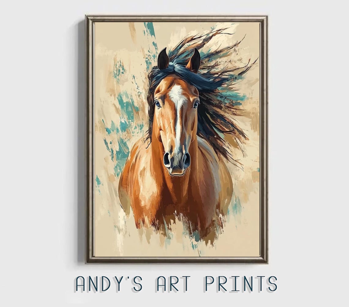 Chestnut Horse Portrait White Blaze Teal Brushstrokes Art Poster