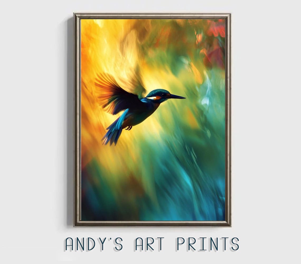 Kingfisher in Flight Across a Golden Green Abstract Sky Art Poster - Image 3