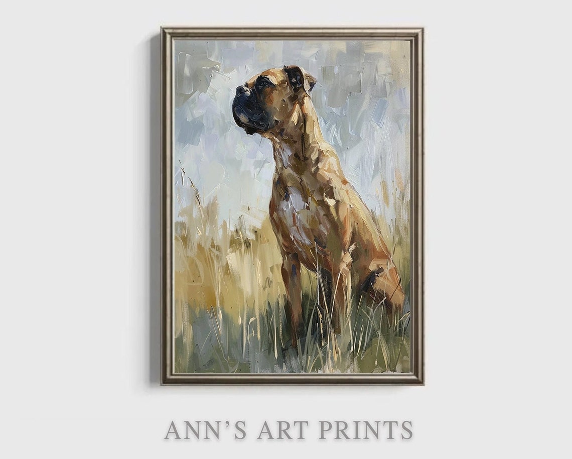 Fawn Boxer Dog Sitting In Tall Grass Loose Oil Painting Art Print