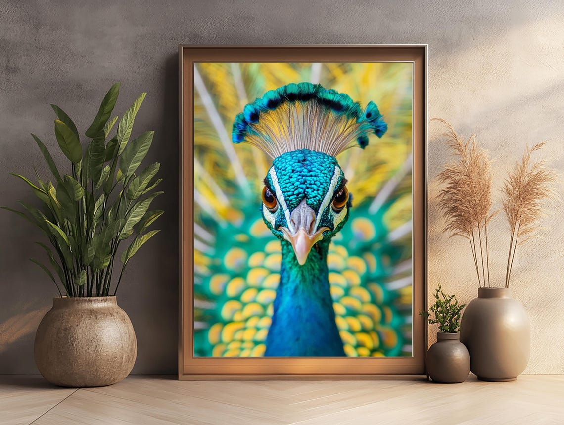 Peacock Head Close Up Vibrant Blue Green Feathers Art Poster - Image 3
