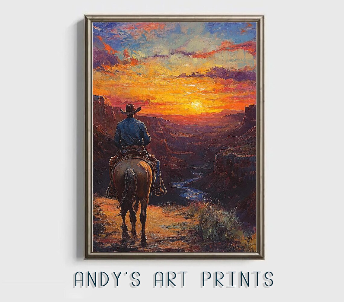 Lone Cowboy On Horseback Gazing At A Spectacular Canyon Sunset Poster - Image 3