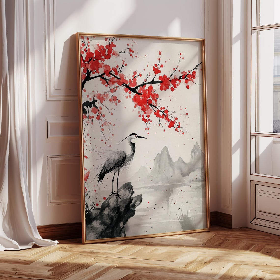 A Heron Standing on a Rock Under Red Blossoms Japanese Ink Poster - Image 3