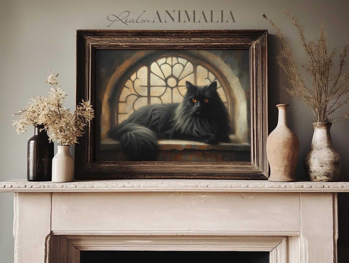 Black Long Haired Cat With Amber Eyes In Arched Window Moody Art Poster - Image 3