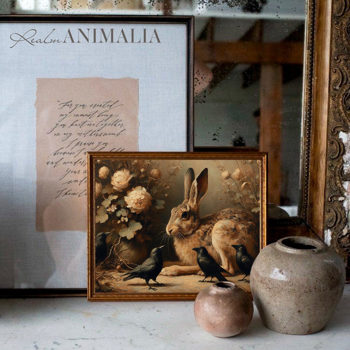 Rabbit and Crows Vintage Wildlife Art Print - Image 3