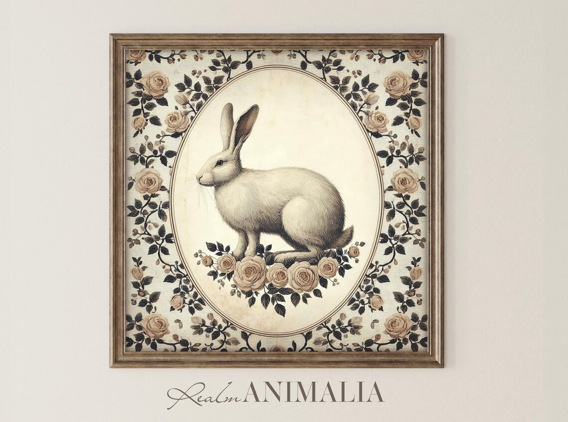 White Rabbit In Oval Medallion Light Rose Floral Tapestry Vintage Poster