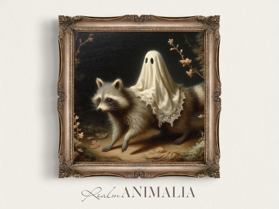 Little Ghost Riding on Raccoon Vintage Halloween Art Print
