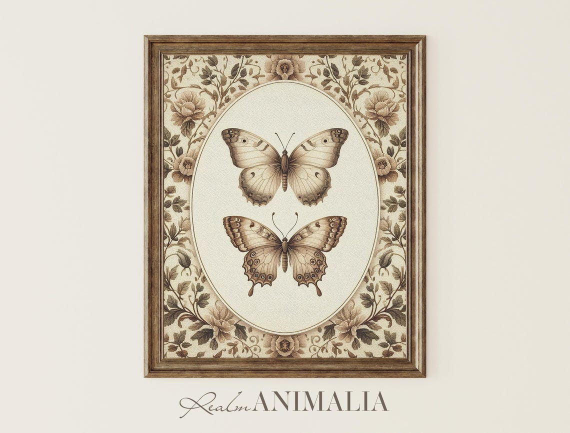 Two Vintage Butterflies Oval Medallion Neutral Tapestry Poster