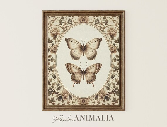 Two Vintage Butterflies Oval Medallion Neutral Tapestry Poster