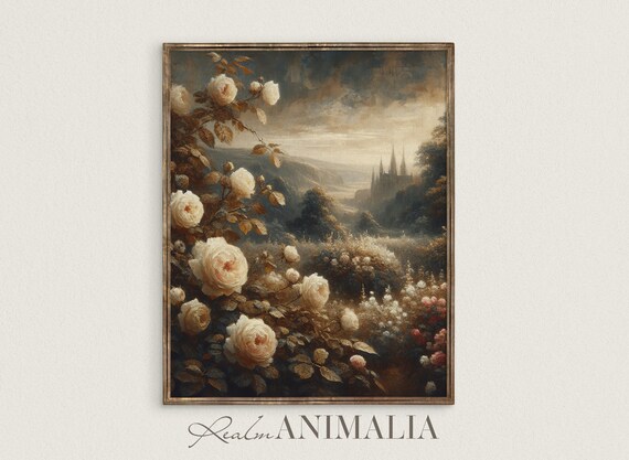 Vintage Roses And Castle Print Moody Floral Vertical Landscape Painting Warm Romantic Landscape Art Ls001