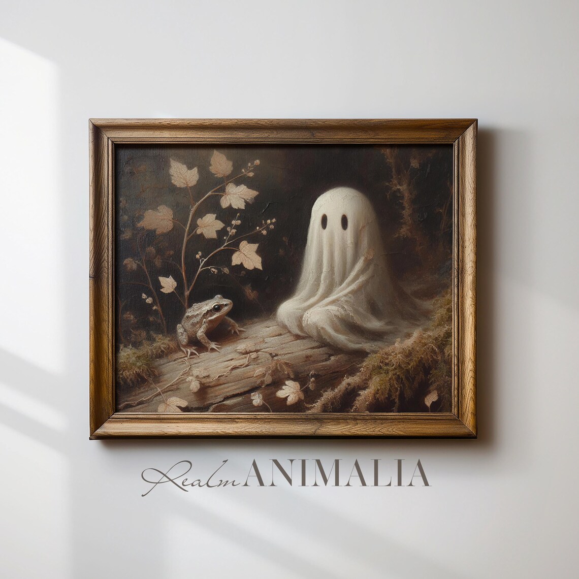 Cute Little Ghost With Frog On Log Autumn Forest Moody Halloween Poster - Image 4