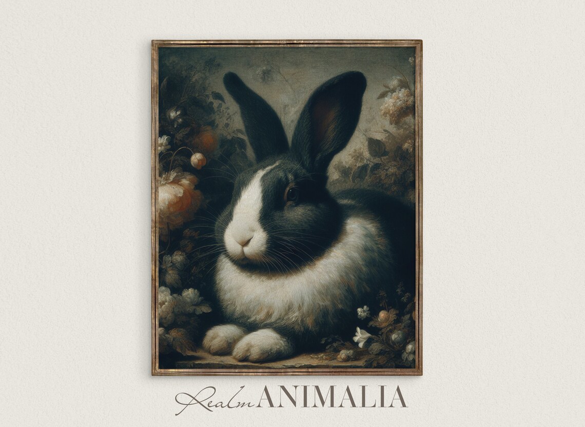 Antique Rabbit Painting, Vintage Cottage Easter Art Print
