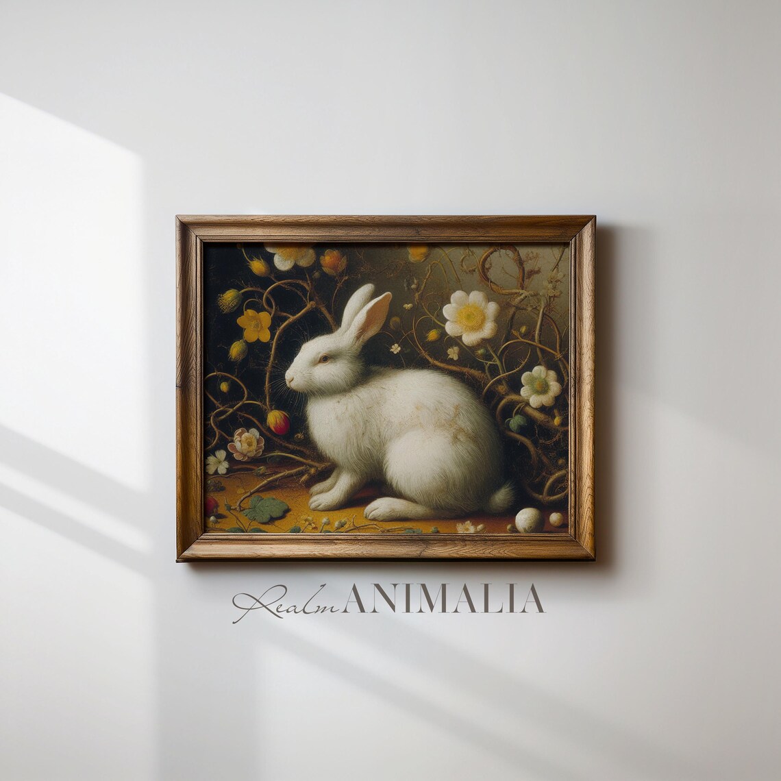 White Rabbit Among Golden Vines And Wildflowers Square Vintage Art Print - Image 2