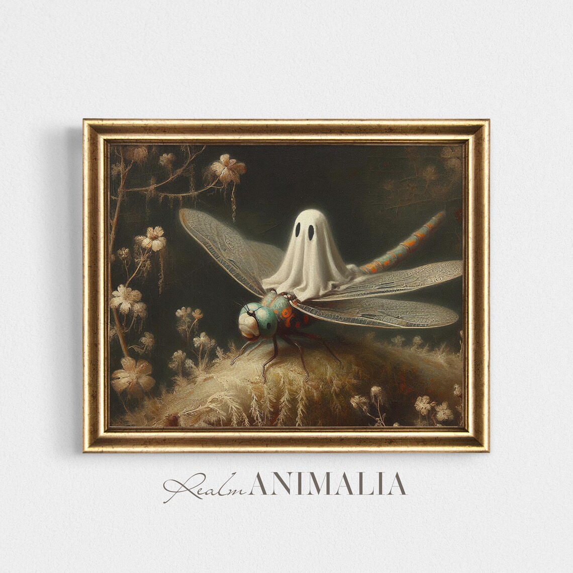 Little Ghost Riding Dragonfly Dark Botanical Moody Halloween Wall Art Poster - Image 4