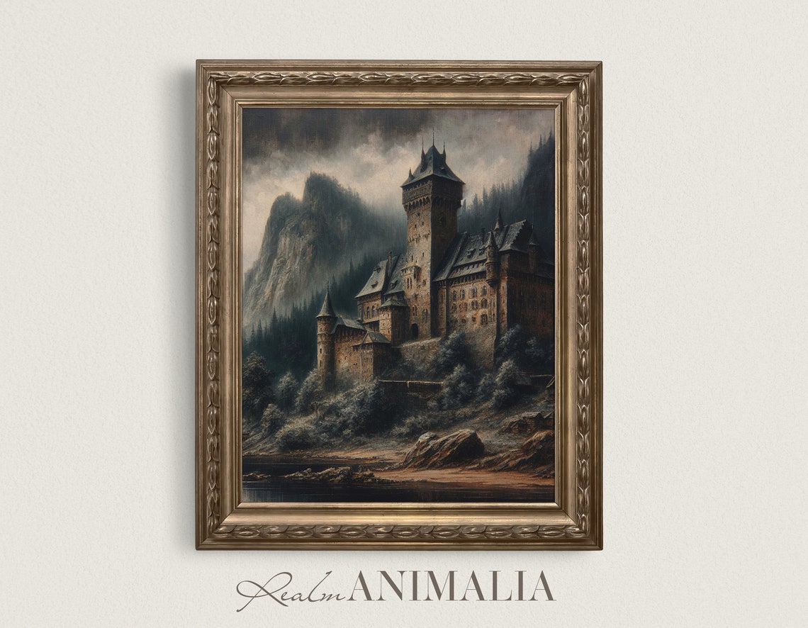 Dark Moody Medieval Castle Misty Mountain Gothic Landscape Art Print