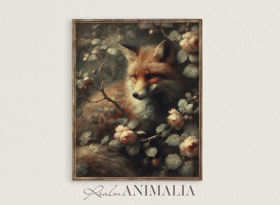 Fox Painting Vintage Art Floral Botanical Fox Fine Art Print Moody Romantic Red Fox Wall Decor Fox Fx012