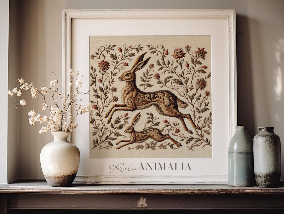 Leaping Hares In Botanical Tapestry Vintage Embroidered Poster - Image 2