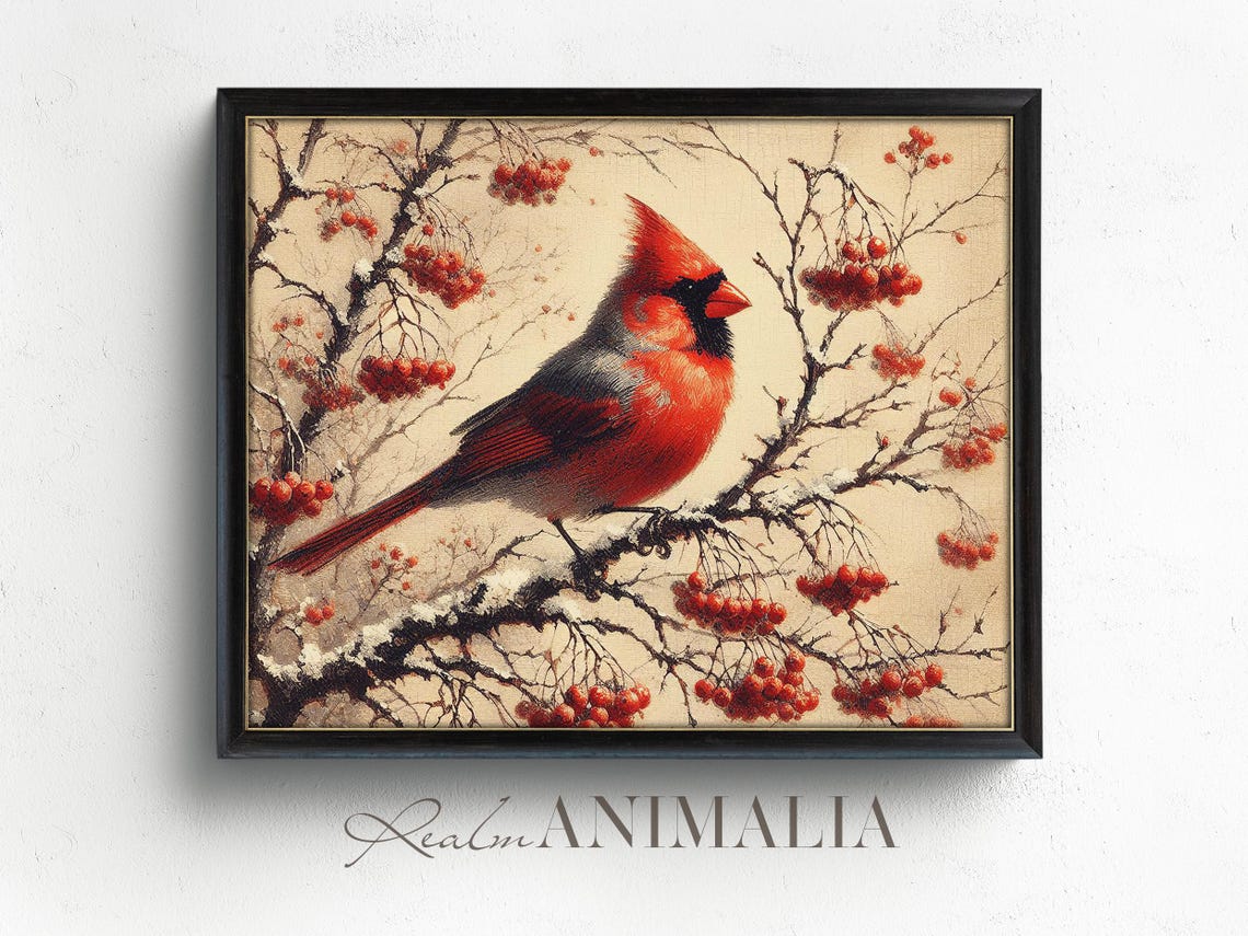 Red Cardinal On Snowy Winter Branch With Red Berries Bird Poster - Image 4