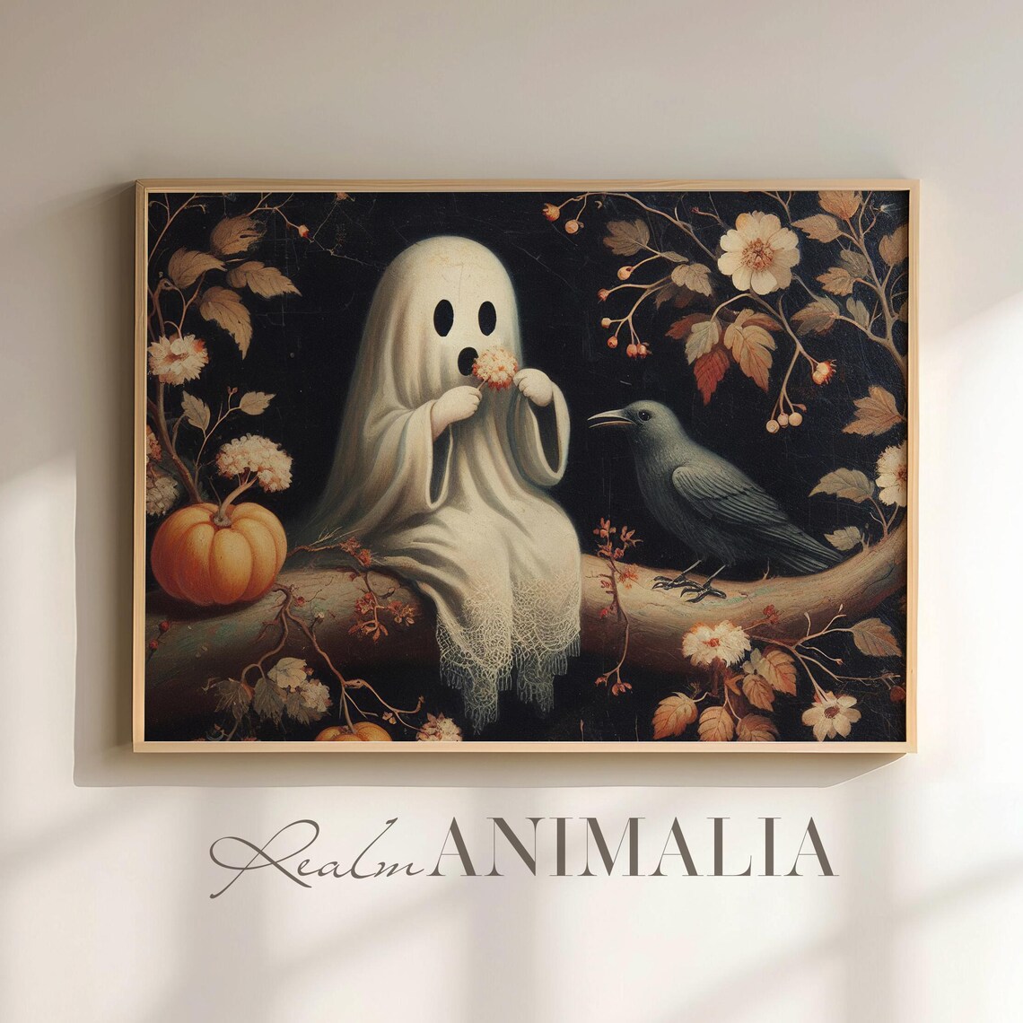Little Ghost With Crow On Branch Dark Autumn Botanical Halloween Art Poster - Image 2