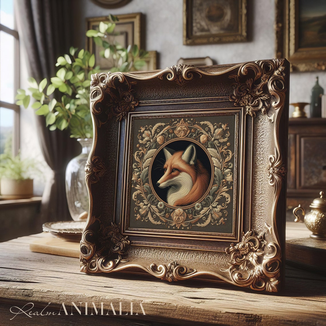 Fox Portrait Vintage Embroidery Style Ornate Botanical Circle Poster - Image 4