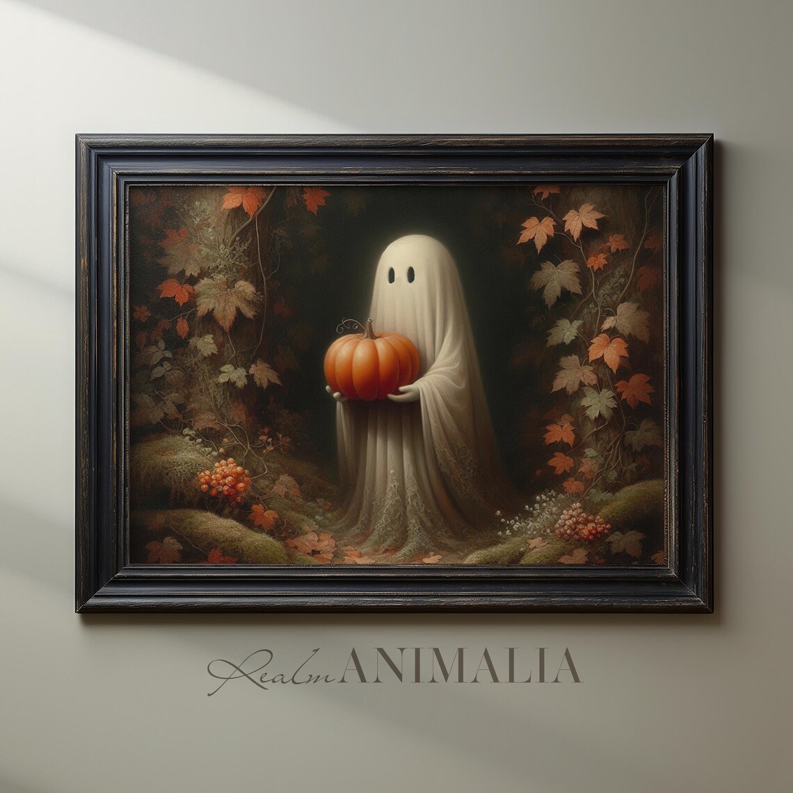 Little Ghost Holding Orange Pumpkin Dark Autumn Forest Halloween Poster - Image 2