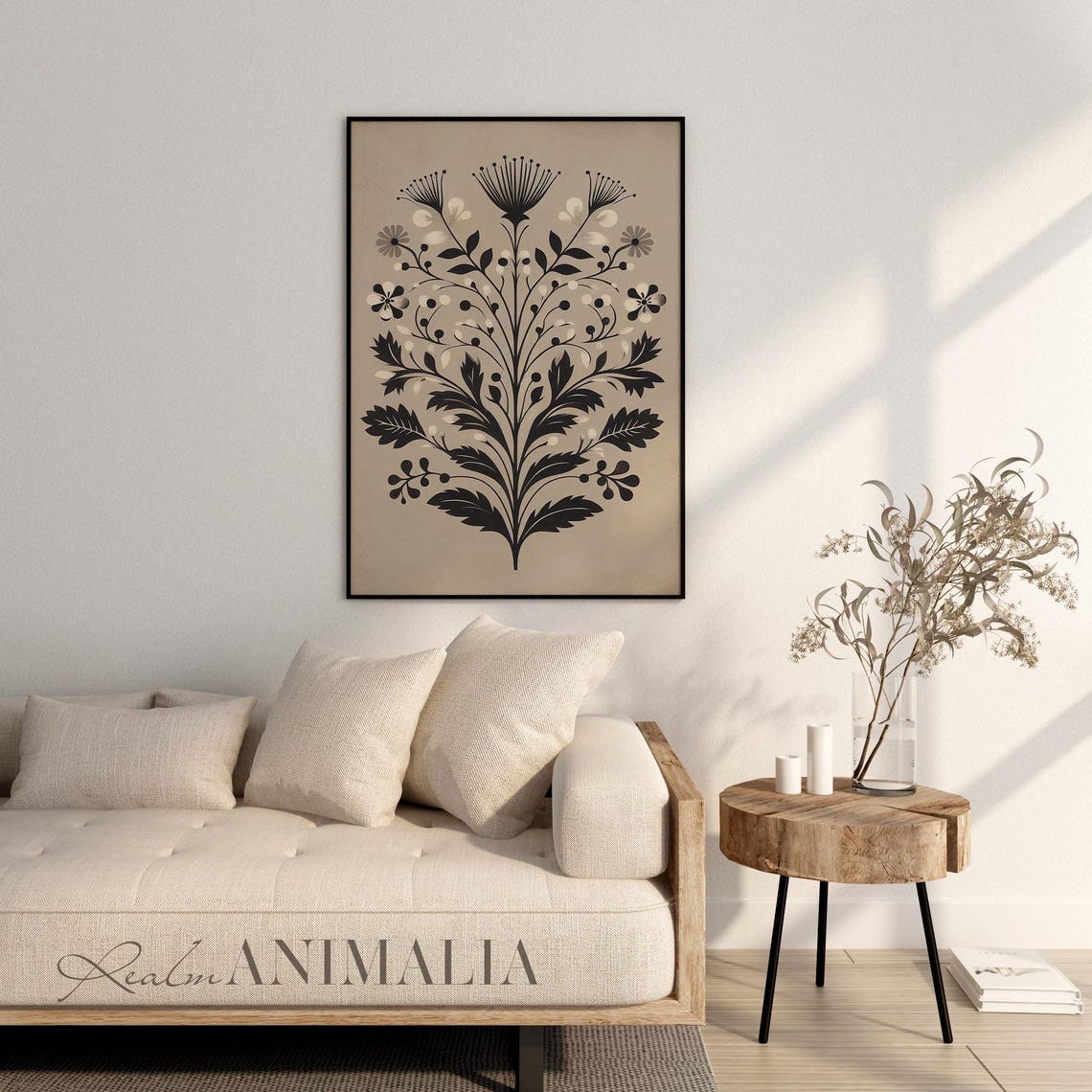 Scandinavian Folk Botanical Spray Black And White Floral Wall Art - Image 3
