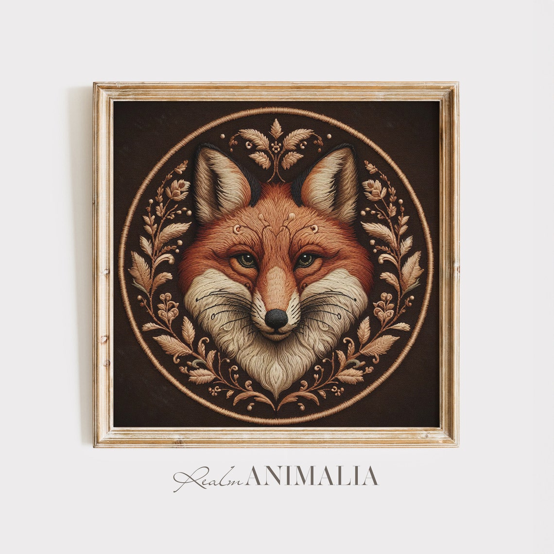 Fox Face Vintage Embroidery Style Botanical Circle Dark Moody Poster - Image 3