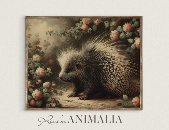 Vintage Porcupine Painting Floral Forest Animal Fine Art Print Moody Botanical Porcupine Wall Decor Pp001