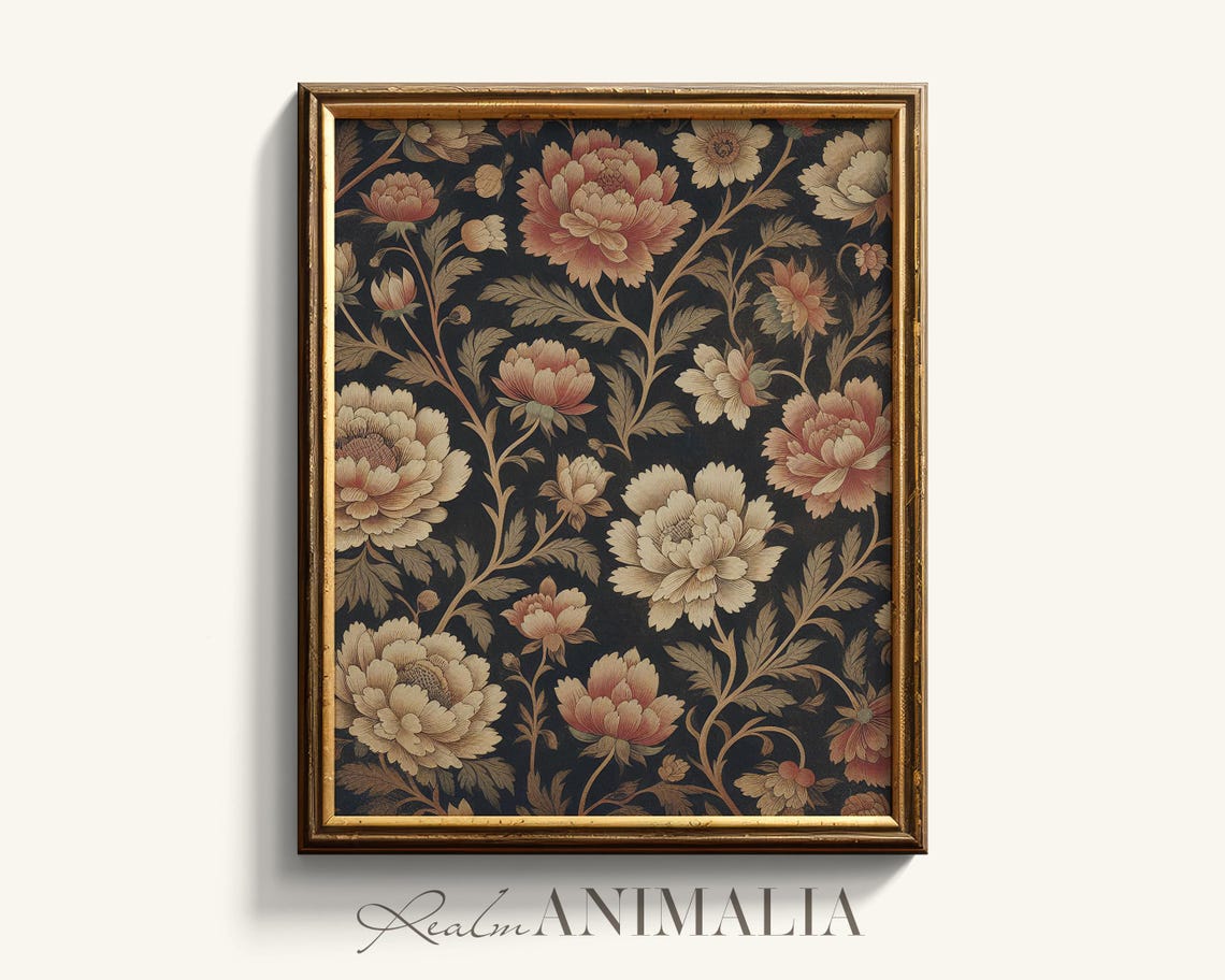Dark Floral Tapestry Pattern With Blush Peony Blooms Vintage Poster