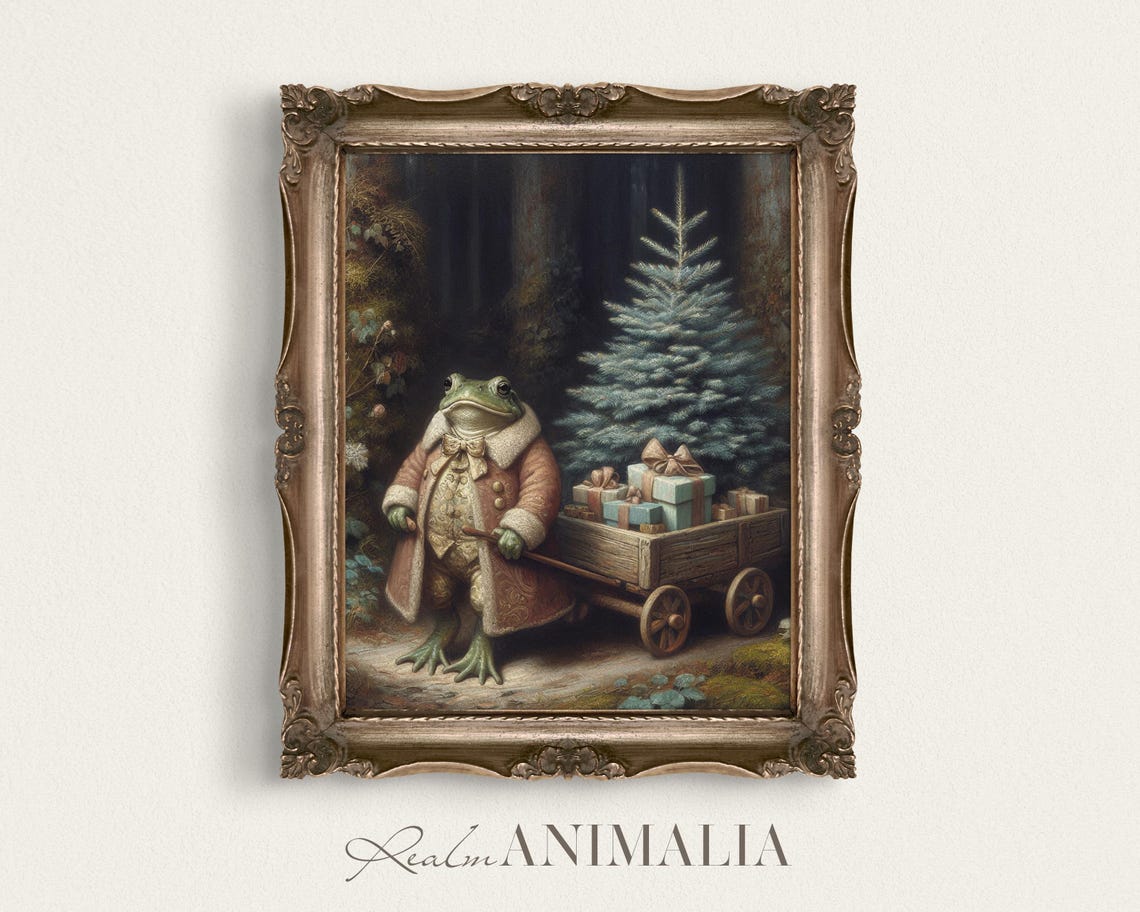 Festive Christmas Frog Painting Whimsical Fantasy Animal Art Print Christmas Holiday Art Prints Moody Storybook Wall Art Wh116