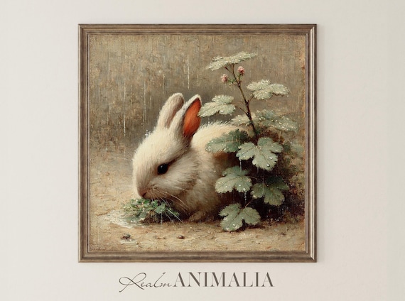 White Bunny Eating Greens Under Leaves In Rain Vintage Neutral Poster