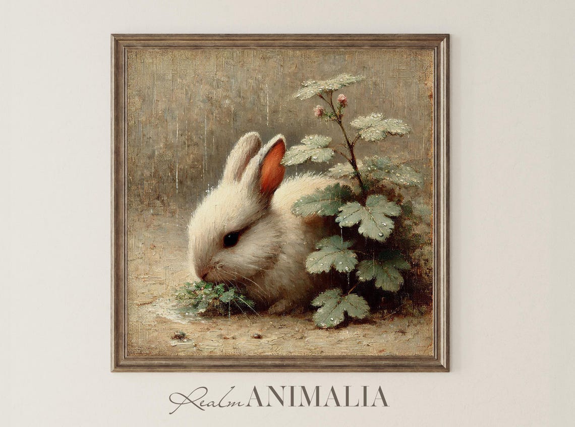 White Bunny Eating Greens Under Leaves In Rain Vintage Neutral Poster