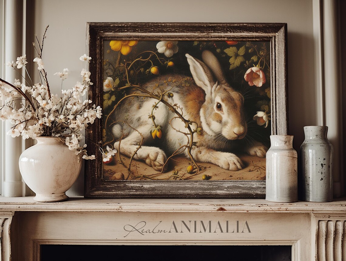 Brown Rabbit Resting In Thorny Flower Vines Moody Vintage Wildlife Print - Image 3