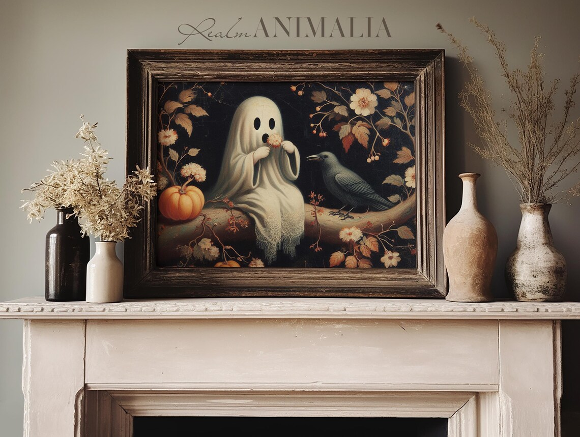 Little Ghost With Crow On Branch Dark Autumn Botanical Halloween Art Poster - Image 3