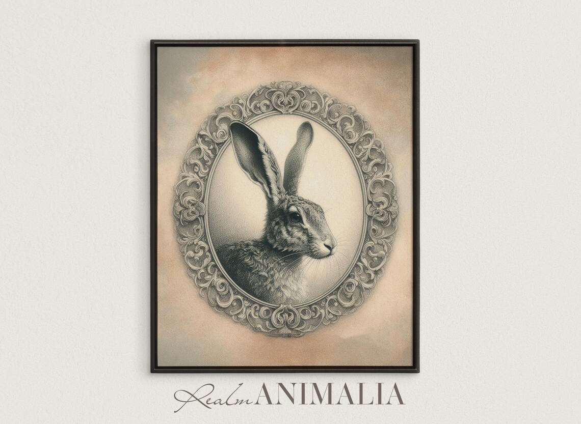 Rabbit Sketch Vintage Hare Illustration Neutral Spring Framed Oval Drawing Print - Image 4